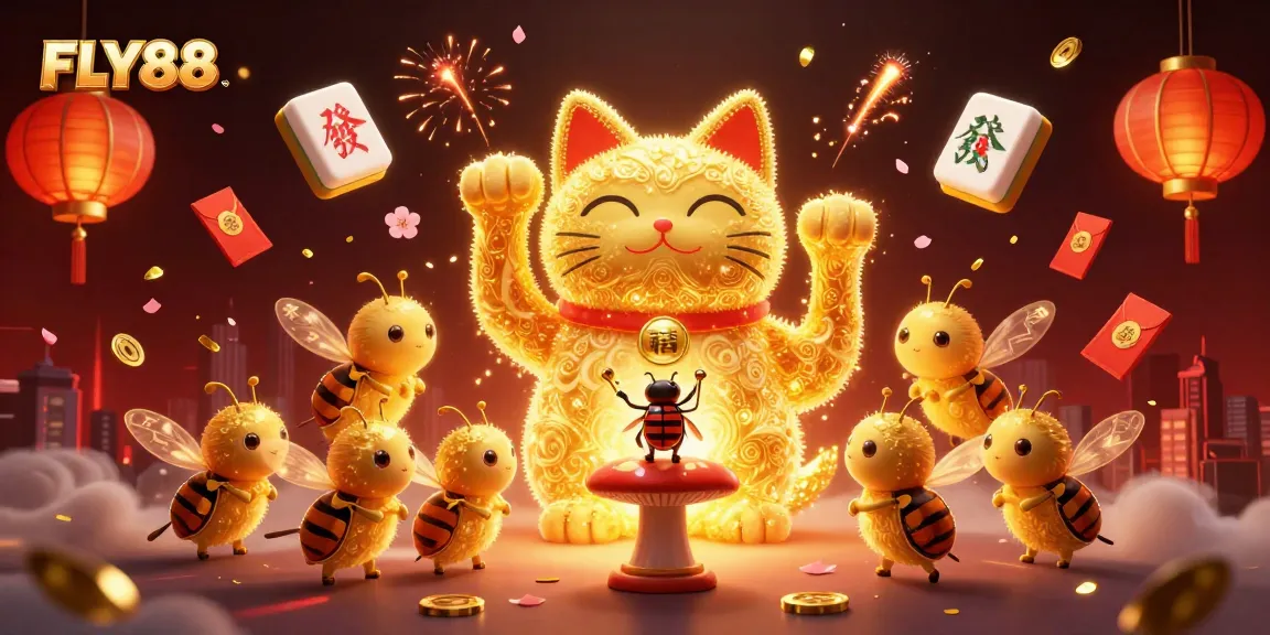 FLY88 showcases a vibrant lucky cat surrounded by casino symbols for an engaging gaming experience.