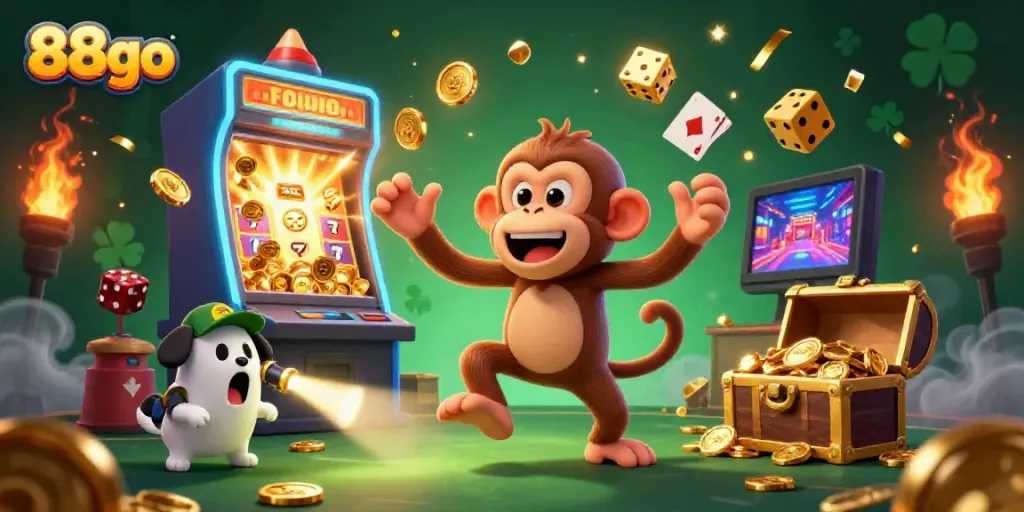 Experience thrilling jackpots at 88go with a playful poltergeist monkey juggling golden casino elements.