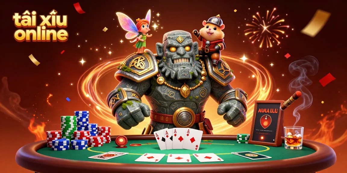 Engage in exciting tài xỉu online action with a lively scene featuring magical characters and poker elements.