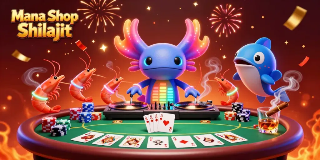 Erlebe die Energie der Mana Shop Shilajit Welt mit einem neonfarbenen Axolotl DJ und tanzenden Garnelen an einem Pokerabend.