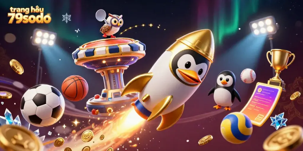 Experience the excitement of trang chủ 79sodo with a dynamic casino-themed 3D illustration of a golden penguin in space.