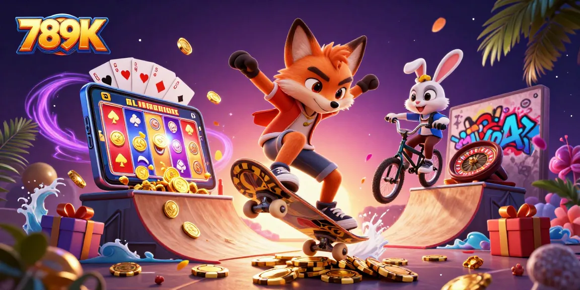 Experience excitement with 789K as fox and rabbit perform tricks over golden poker chips in a thrilling casino scene.