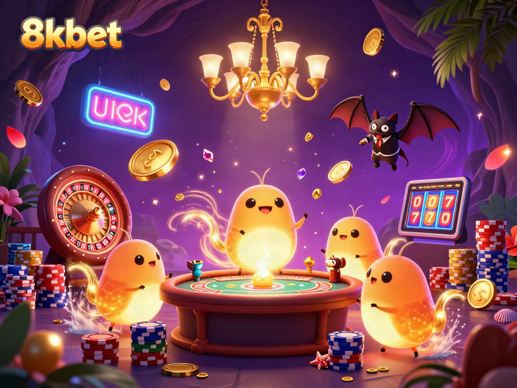 Experience thrilling bets at 8xbet with lively glowworms illuminating a vibrant casino landscape.