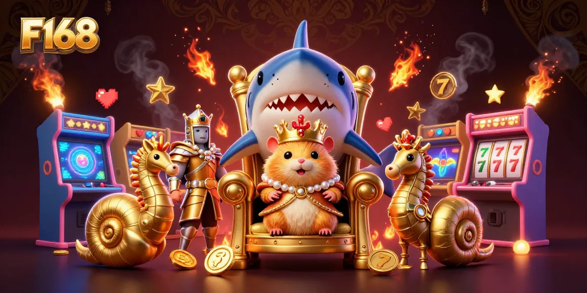 Engage with F168's thrilling casino action through a vibrant 3D illustration featuring a golden hamster king amidst game machines.
