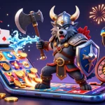 Experience gaming excitement with Sunwin's vibrant slot atmosphere showcasing a Viking warrior, dragon, and 3D casino elements.