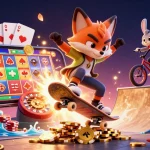 BANGSAWAN88 thrills with a vibrant cartoon scene showcasing a fox performing tricks over golden poker chips amidst dynamic casino elements.