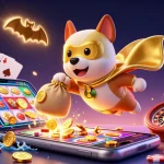 Watch the gmnc superhero dog flying with a bag of gold coins amidst colorful casino elements.