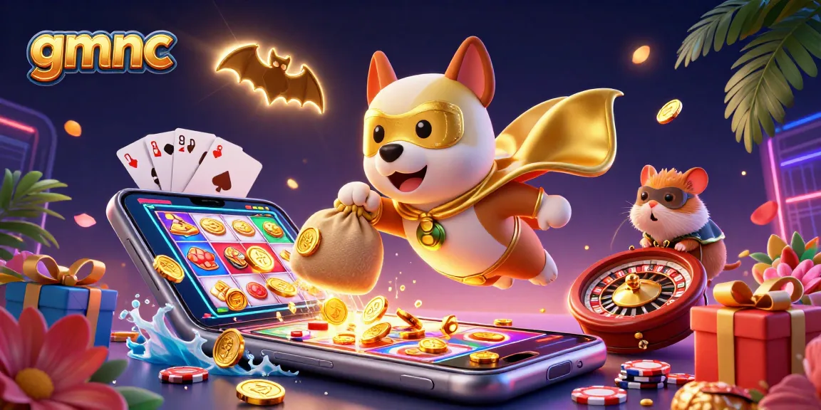 Watch the gmnc superhero dog flying with a bag of gold coins amidst colorful casino elements.