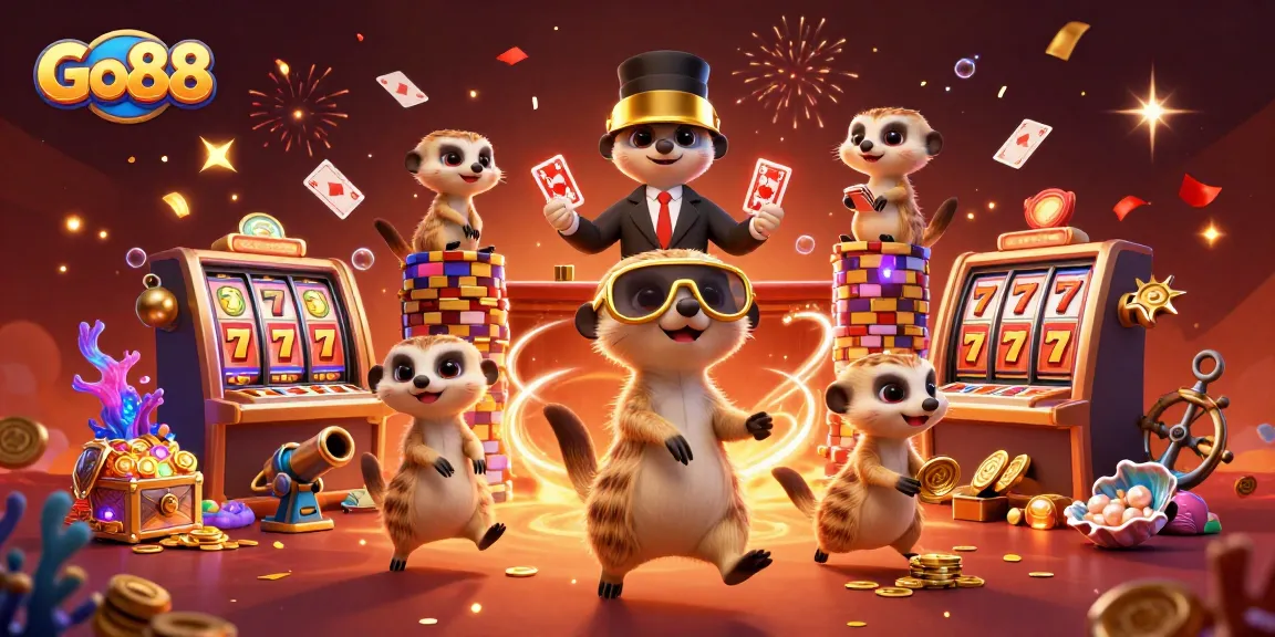 Go88 features a lively meerkat casino scene with engaging game elements, showcasing the excitement of gaming.
