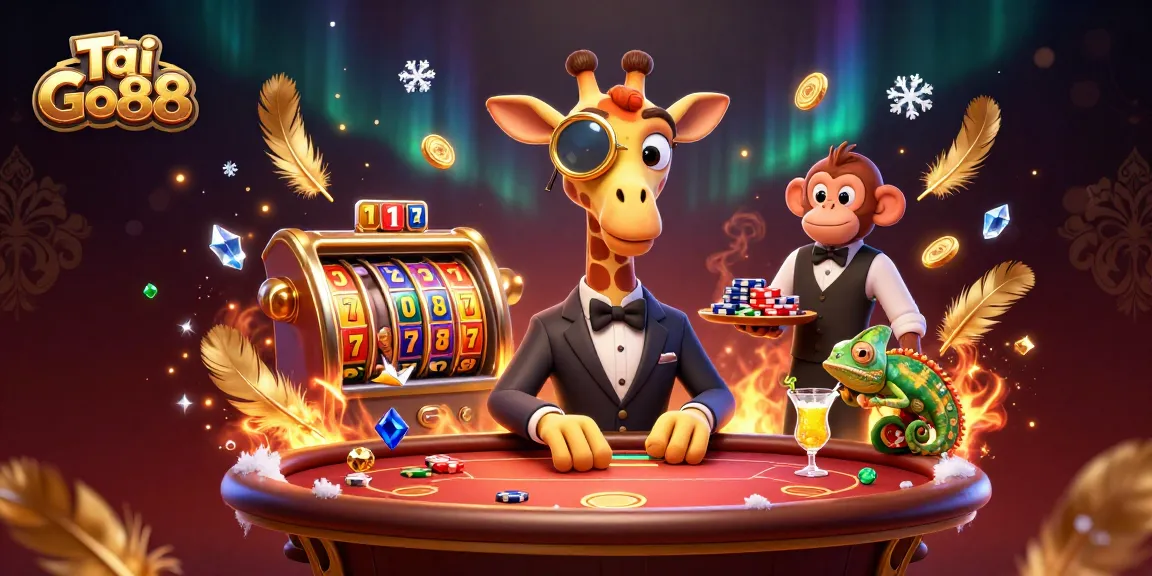 Engage in thrilling gameplay at Tai Go88 with a high-roller giraffe, monkey valet, and chameleon bartender.