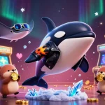 Engage with kèo nhà cái as an orca jumps through a colorful casino game scene filled with golden coins.