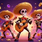 Engage with a no deposit bonus adventure amidst vibrant casino elements and festive characters.