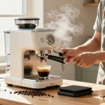 Home barista using the rokok88 super espresso machine for perfect coffee brewing, surrounded by fresh beans and accessories.