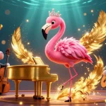 Illustration zur betano anmeldung in einem dynamischen Casino-Setting mit einem Sänger, einem Bassisten und vielen VIP-Spiel-Elementen.
