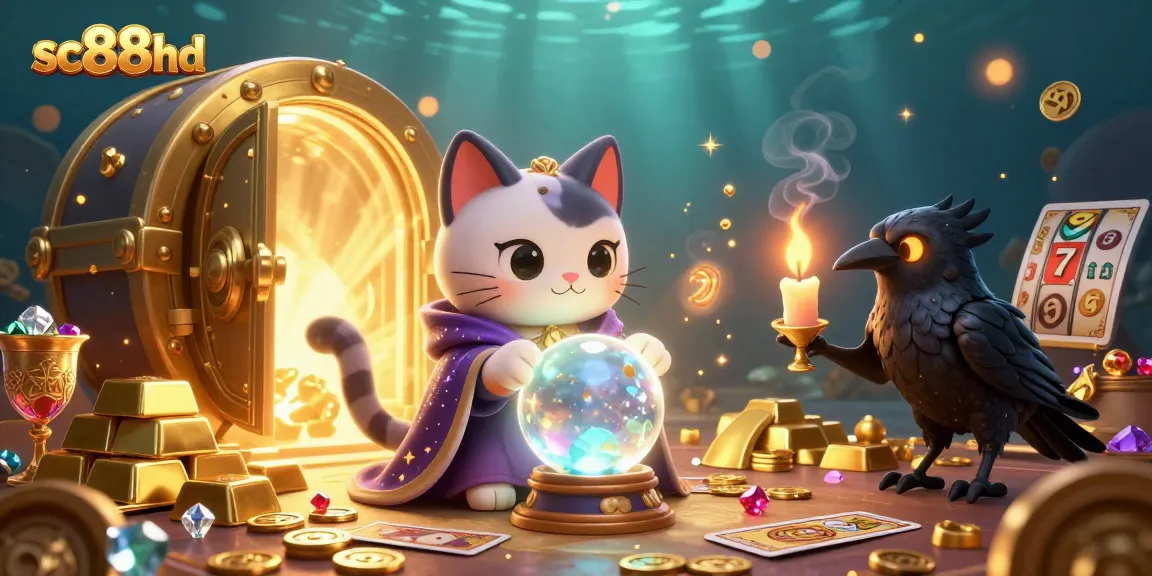 Experience thrilling slot action with sc88hd, featuring magical cat, raven, and rich casino treasures.