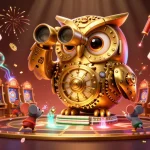 Experience thrilling gameplay with gmnc as a golden owl oversees a bustling casino scene filled with excitement.