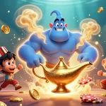 Experience the magic of gmnc as a genie bursts from a lamp, surrounded by vibrant casino gaming elements.